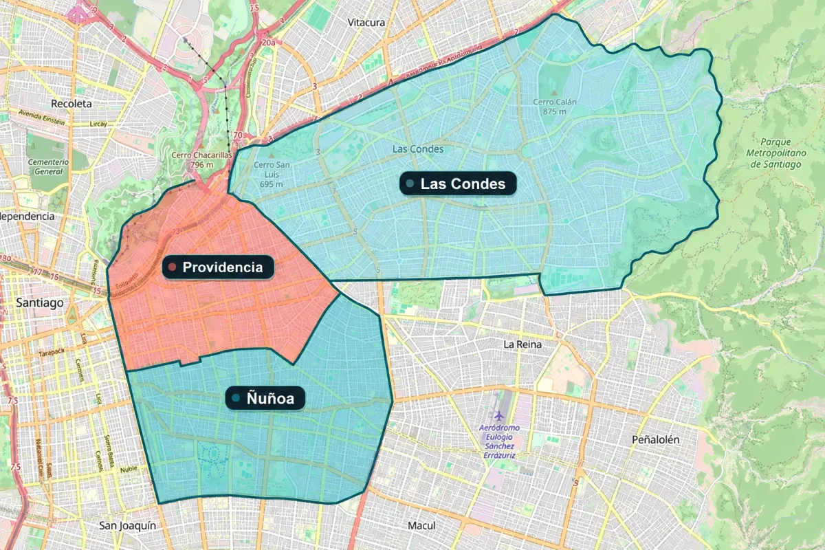 Mapa de cobertura de Congelados Romasil en Providencia, Ñuñoa y Las Condes