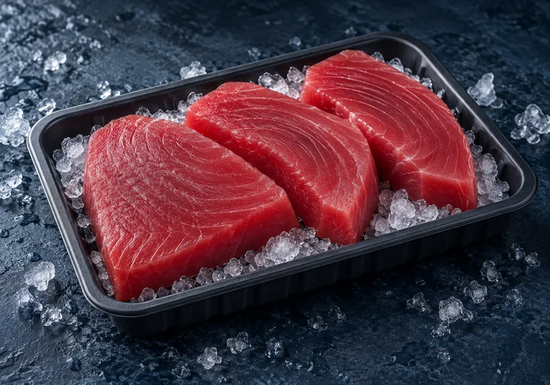 Atún steak premium congelado en bandeja sobre hielo
